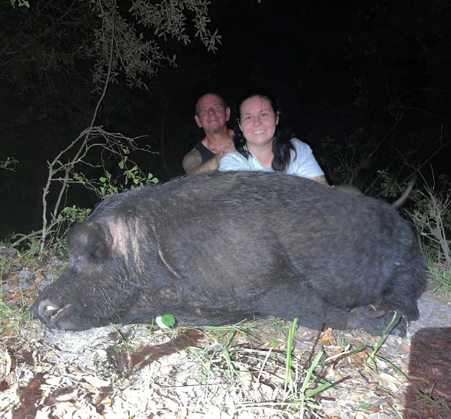 Two hunters with a large black wild hog at night